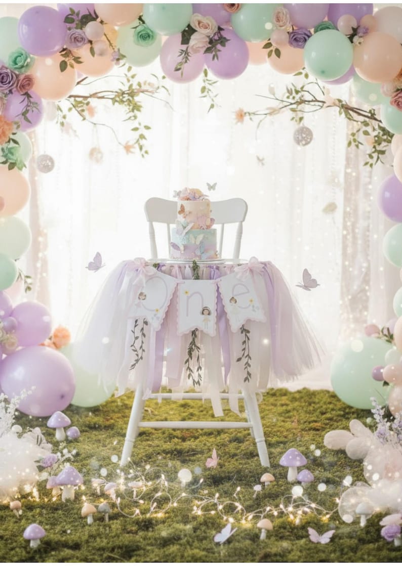 May include: A whimsical first birthday party setup with a white high chair decorated with a tulle skirt and banner that says "one". The scene includes a cake, balloons, and decorative butterflies in pastel colors, creating a dreamy atmosphere.