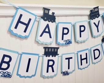 Train Birthday Banner. Train party theme. Happy Birthday Banner with trains. Custom colors.