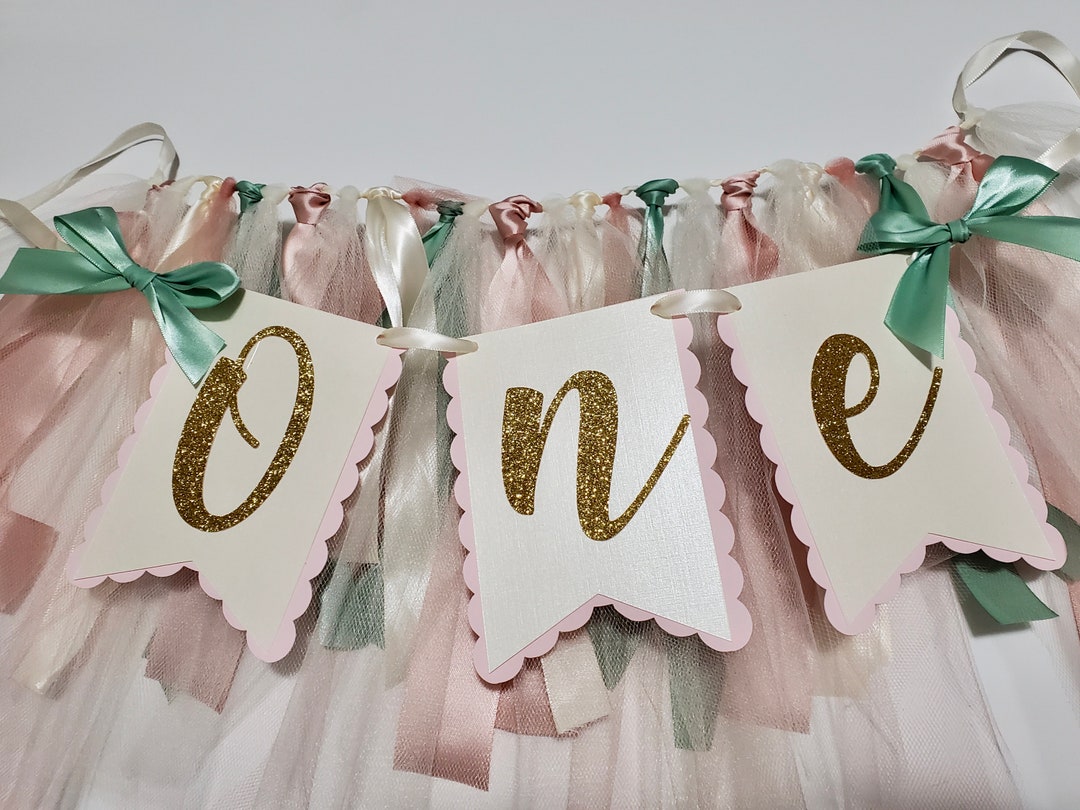 Pink and Mint High Chair Banner. Ivory and Gold. ONE Banner. First Birthday Garland. Custom High