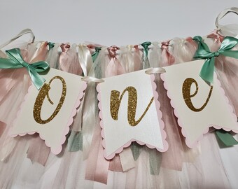 Pink And Mint High Chair Banner. Ivory and Gold. ONE banner.  First Birthday Garland. Custom High chair banner. Tulle and Ribbon.