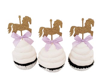 Adornos para cupcakes con forma de caballo de carrusel con purpurina - Juego de 12 - Hechos a mano en EE. UU.