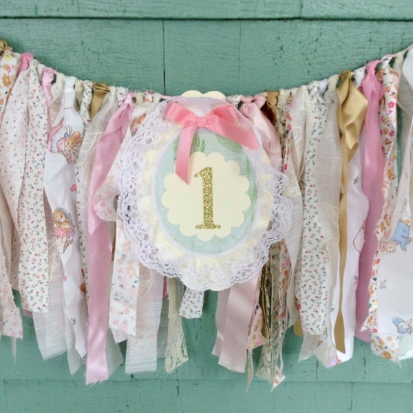 ONE High Chair Banner. Vintage garland. First Birthday Decor. Custom Colors.