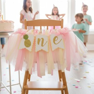 Pineapple High Chair Banner: Tropical First Birthday Decor Pink/Yellow/White