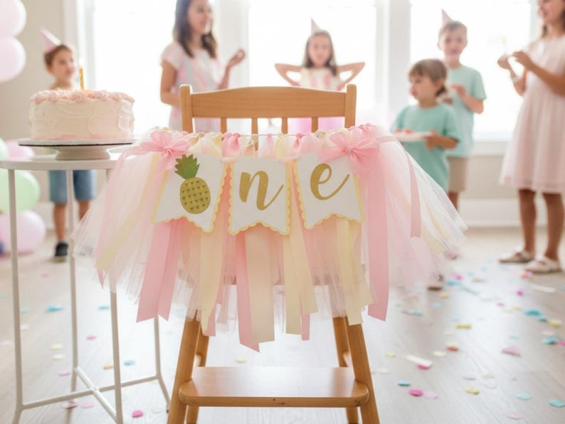 Pineapple High Chair Banner: Tropical First Birthday Decor Pink/Yellow/White