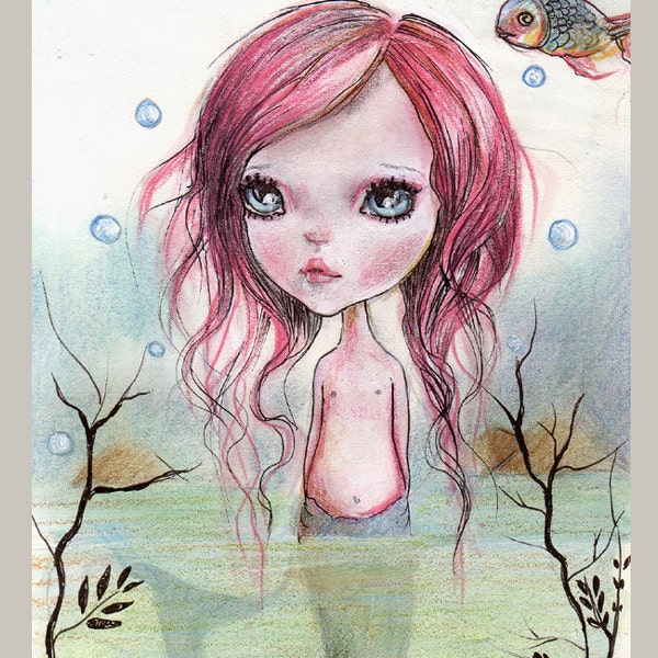 Original painting..mixed media acrylic colors on fine art paper paper,mermaid girl..."Alia" OOAK