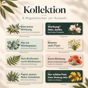 Briefkasten Magnet Keine Werbung – 8 florale Magnetsticker zur Auswahl, Magnetschild gegen Prospekte, 8 x 2,5 cm