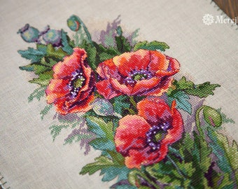 Vintage Poppies Counted Cross Stitch Kit,  Merejka