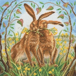 Counted cross stitch kit When Spring Comes,  a Couple of hares, hares in love by RTO