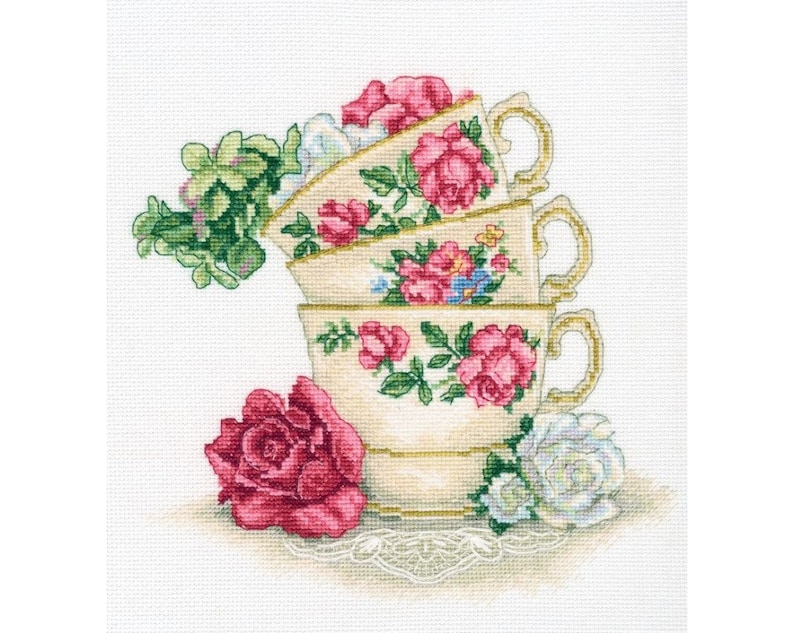 Counted Cross Stitch Kit Cup of Tea With Rose Leaves M622 by - Etsy