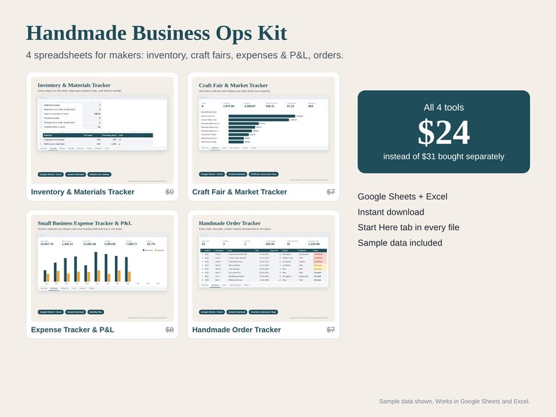 Handmade Business Spreadsheet Bundle, Inventory Tracker, Craft Fair Tracker, Expense Tracker and P&L, Order Tracker, Google Sheets Excel image 1
