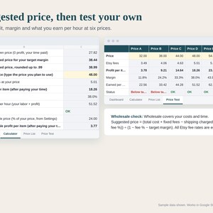 May include: A digital spreadsheet interface titled Suggested price, then test your own. It displays financial data including break-even prices, Etsy fees, profit margins, and hourly earnings across six price points labelled A through F.
