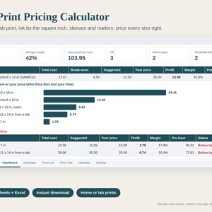 Art Print Pricing Calculator Spreadsheet, Artist Print Cost Calculator, Giclee and Home Prints, Ink per Size, Mailers, Google Sheets Excel