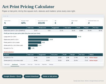 Calculadora de precios de impresiones artísticas en hoja de cálculo, Calculadora de costos de impresión para artistas, Impresiones Giclée y para el hogar, Tinta por tamaño, Envíos postales, Hojas de cálculo de Google Excel