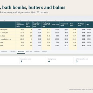 Soap Pricing Calculator Spreadsheet, Cost per Bar, Bath and Body Product Pricing, Batch Recipe Cost, Wholesale Retail, Google Sheets Excel image 4