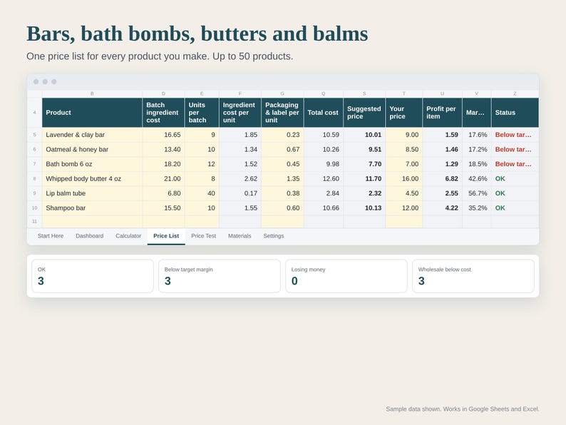 Soap Pricing Calculator Spreadsheet, Cost per Bar, Bath and Body Product Pricing, Batch Recipe Cost, Wholesale Retail, Google Sheets Excel image 4