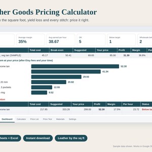 Leather Pricing Calculator Spreadsheet, Leathercraft Cost per Square Foot, Wallet and Belt Pricing, Wholesale Check, Google Sheets Excel