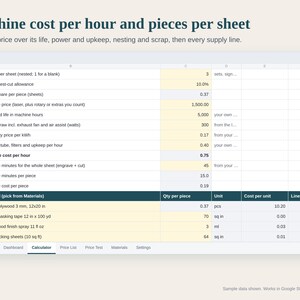 May include: A digital spreadsheet titled Machine cost per hour and pieces per sheet. The table includes rows for machine price, power draw, electricity price, and material costs like walnut plywood 3 mm, 12x20 in, paper masking tape, and cork backing sheets.