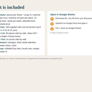May include: A digital spreadsheet tool titled What is included, featuring sections for a calculator, materials, price list, price test, dashboard, and settings. Instructions for opening in Google Sheets are provided in three numbered steps.