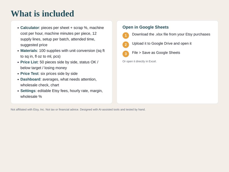 May include: A digital spreadsheet tool titled What is included, featuring sections for a calculator, materials, price list, price test, dashboard, and settings. Instructions for opening in Google Sheets are provided in three numbered steps.