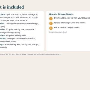 Quilt Pricing Calculator Spreadsheet, How to Price a Quilt, Longarm Cost per Square Inch, Fabric Cost and Etsy Fees, Google Sheets Excel image 5