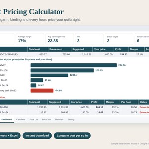 Quilt Pricing Calculator Spreadsheet, How to Price a Quilt, Longarm Cost per Square Inch, Fabric Cost and Etsy Fees, Google Sheets Excel