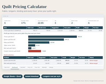 Quilt Pricing Calculator Spreadsheet, How to Price a Quilt, Longarm Cost per Square Inch, Fabric Cost and Etsy Fees, Google Sheets Excel