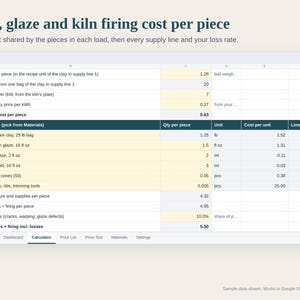 Pottery Pricing Calculator Spreadsheet, Ceramics Cost Calculator, Kiln Firing Cost per Piece, Wholesale and Retail, Google Sheets Excel image 2