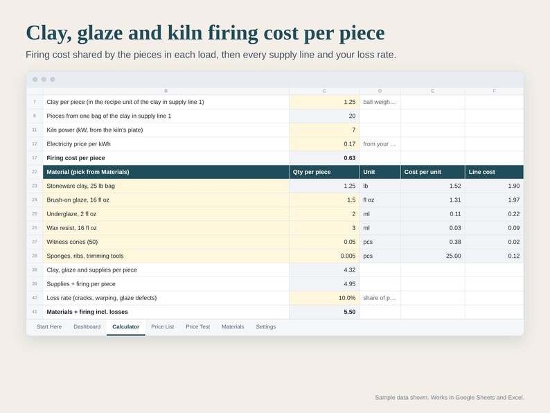 Pottery Pricing Calculator Spreadsheet, Ceramics Cost Calculator, Kiln Firing Cost per Piece, Wholesale and Retail, Google Sheets Excel image 2