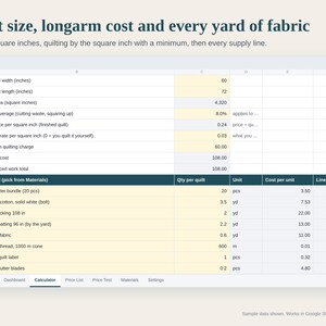 Quilt Pricing Calculator Spreadsheet, How to Price a Quilt, Longarm Cost per Square Inch, Fabric Cost and Etsy Fees, Google Sheets Excel image 2
