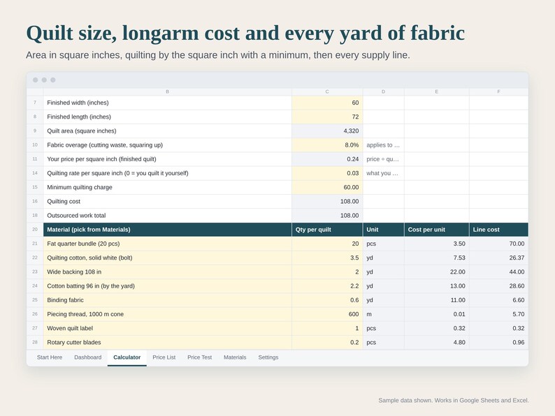 Quilt Pricing Calculator Spreadsheet, How to Price a Quilt, Longarm Cost per Square Inch, Fabric Cost and Etsy Fees, Google Sheets Excel image 2