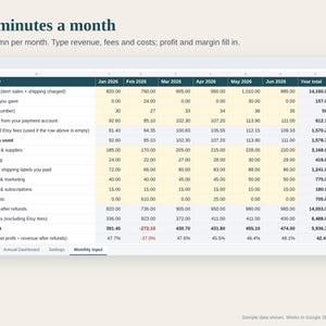 Jährliche Gewinnübersicht für Etsy-Verkäufer, Jahresgewinn- und Verlustrechnung, Einnahmen und Ausgaben für Kleinunternehmen, Google Sheets Excel Bild 2