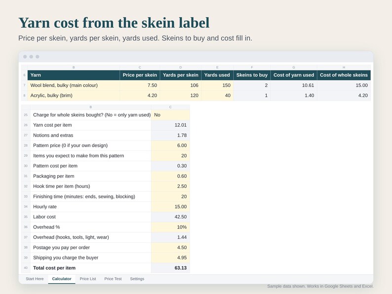 Crochet Pricing Calculator Spreadsheet, Yarn Cost and Price Calculator for Crochet Sellers, Etsy Fees Included, Google Sheets and Excel image 2