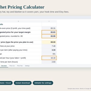 Crochet Pricing Calculator Spreadsheet, Yarn Cost and Price Calculator for Crochet Sellers, Etsy Fees Included, Google Sheets and Excel image 1