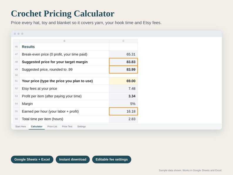 Crochet Pricing Calculator Spreadsheet, Yarn Cost and Price Calculator for Crochet Sellers, Etsy Fees Included, Google Sheets and Excel image 1