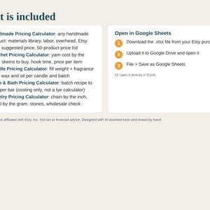 May include: A digital product information graphic titled What is included, listing five pricing calculators for handmade, crochet, candle, soap, and jewelry items. It includes instructions to open the .xlsx files in Google Sheets.