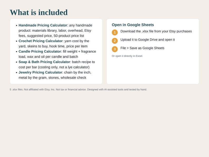 May include: A digital product information graphic titled What is included, listing five pricing calculators for handmade, crochet, candle, soap, and jewelry items. It includes instructions to open the .xlsx files in Google Sheets.