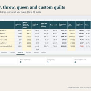 Quilt Pricing Calculator Spreadsheet, How to Price a Quilt, Longarm Cost per Square Inch, Fabric Cost and Etsy Fees, Google Sheets Excel image 4