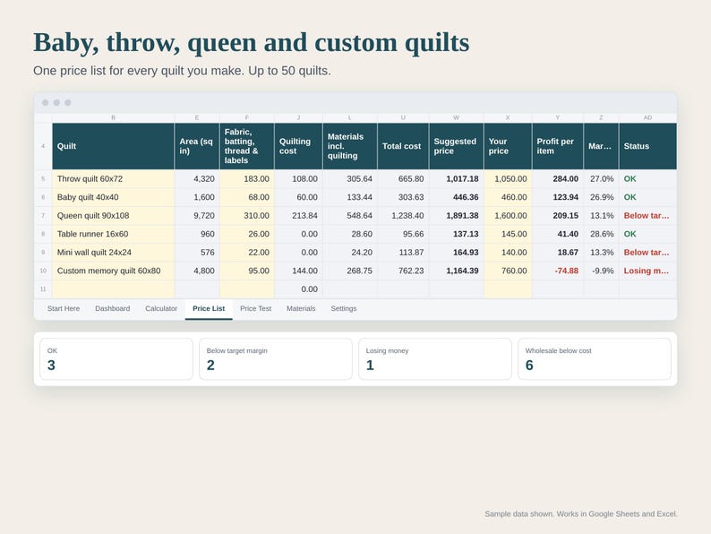 Quilt Pricing Calculator Spreadsheet, How to Price a Quilt, Longarm Cost per Square Inch, Fabric Cost and Etsy Fees, Google Sheets Excel image 4