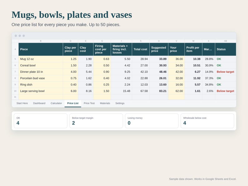Pottery Pricing Calculator Spreadsheet, Ceramics Cost Calculator, Kiln Firing Cost per Piece, Wholesale and Retail, Google Sheets Excel image 4