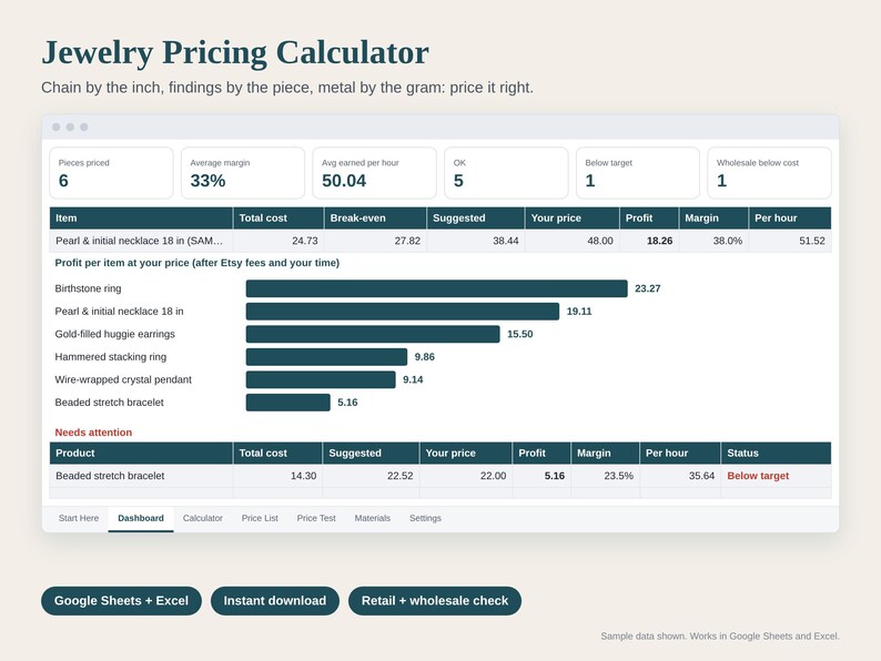 May include: A digital Jewelry Pricing Calculator dashboard interface displaying data tables, profit metrics, and a bar chart for items like a birthstone ring, pearl necklace, and earrings, with navigation tabs for Google Sheets and Excel.