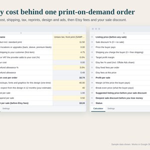 Print on Demand Profit Calculator Spreadsheet, POD Pricing for Etsy Sellers, Fees, Sale Discount Test, Break Even, Google Sheets Excel image 2