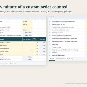 Hoja de cálculo para calcular presupuestos de pedidos personalizados, precios de comisión, plantilla de presupuesto de pedidos personalizados, depósito y tarifa por urgencia, Google Sheets Excel imagen 2
