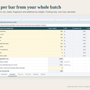 Soap Pricing Calculator Spreadsheet, Cost per Bar, Bath and Body Product Pricing, Batch Recipe Cost, Wholesale Retail, Google Sheets Excel image 2