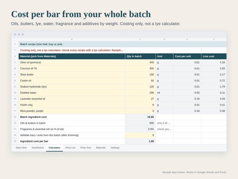 Soap Pricing Calculator Spreadsheet, Cost per Bar, Bath and Body Product Pricing, Batch Recipe Cost, Wholesale Retail, Google Sheets Excel image 2