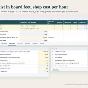 Woodworking Pricing Calculator Spreadsheet, Board Foot Calculator, Lumber and Shop Cost per Piece, Wholesale and Retail, Google Sheets Excel image 2