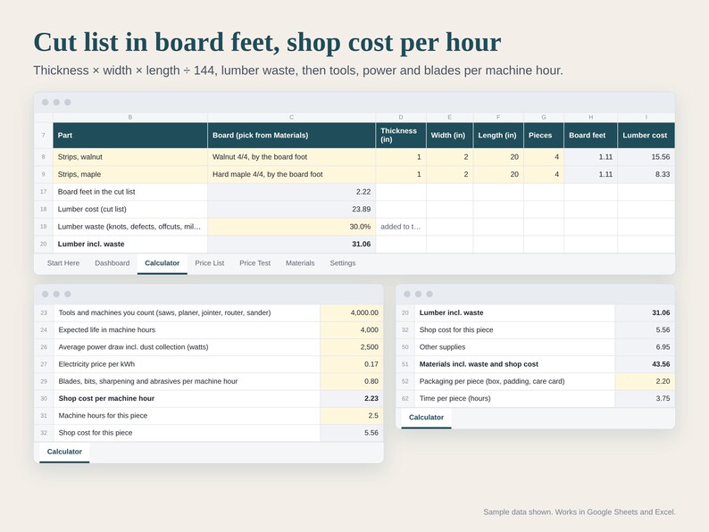 Woodworking Pricing Calculator Spreadsheet, Board Foot Calculator, Lumber and Shop Cost per Piece, Wholesale and Retail, Google Sheets Excel image 2