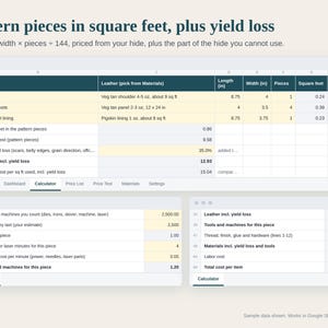 Leather Pricing Calculator Spreadsheet, Leathercraft Cost per Square Foot, Wallet and Belt Pricing, Wholesale Check, Google Sheets Excel image 2