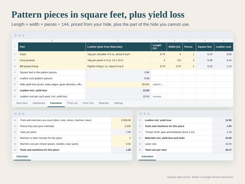 Leather Pricing Calculator Spreadsheet, Leathercraft Cost per Square Foot, Wallet and Belt Pricing, Wholesale Check, Google Sheets Excel image 2