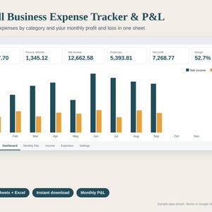 Small Business Expense Tracker Spreadsheet, Profit and Loss Statement P&L for Handmade Sellers, Income and Expense Log, Google Sheets Excel image 1