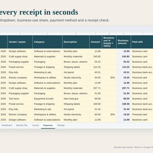 Small Business Expense Tracker Spreadsheet, Profit and Loss Statement P&L for Handmade Sellers, Income and Expense Log, Google Sheets Excel image 3